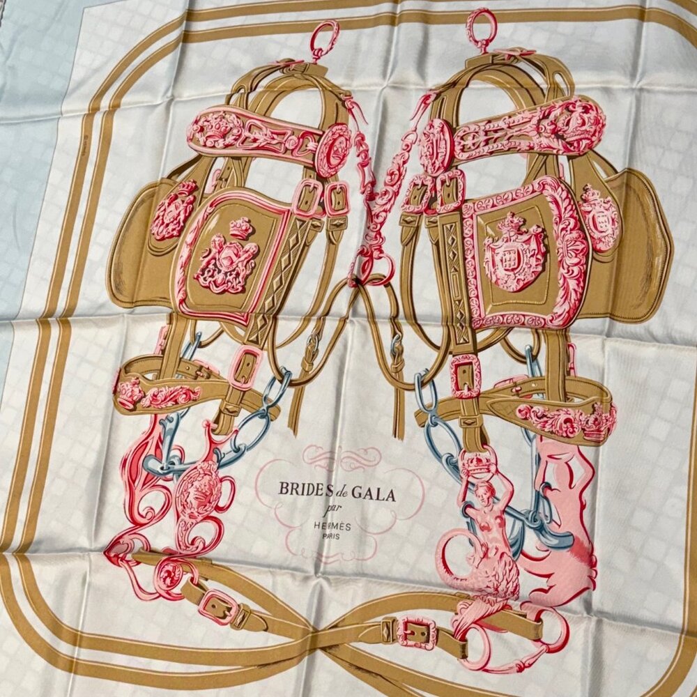 Hermès Pale Blue Pink "Brides De Gala" 90cm Silk Square Scarf - Picture 7 of 9